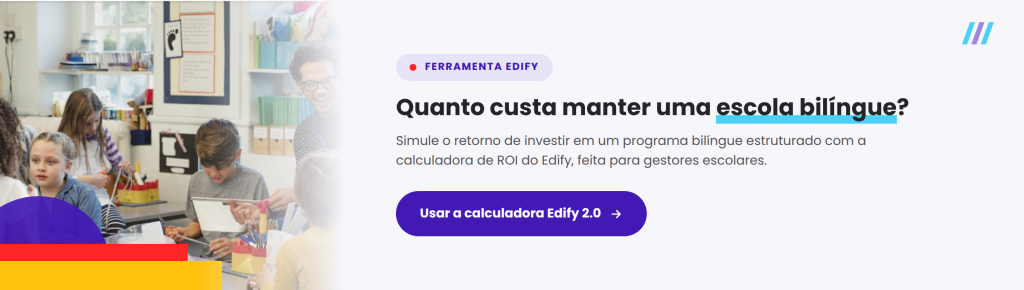 Professor e alunos em sala de aula, banner de acesso à calculadora Edify 2.0