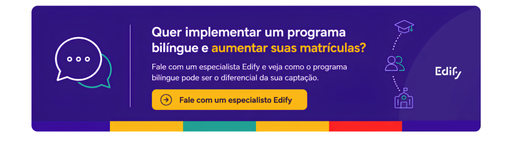 Banner do Edify sobre como um programa bilíngue pode fortalecer a captação de alunos. A peça destaca um CTA para falar com um especialista e entender como o bilinguismo pode se tornar diferencial na estratégia de matrículas.