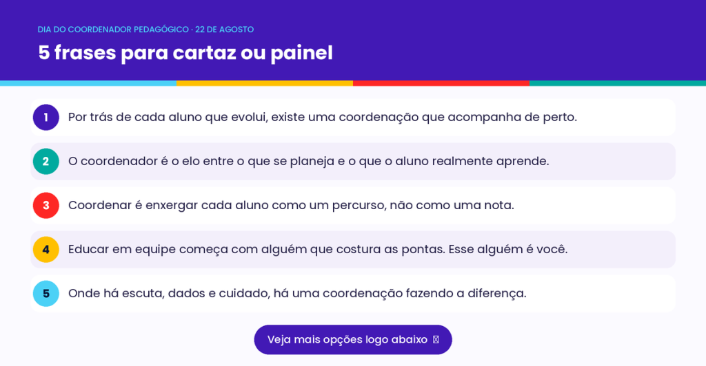 Cartão em paisagem com 5 frases para cartaz ou painel do Dia do Coordenador Pedagógico, na identidade visual do Edify.